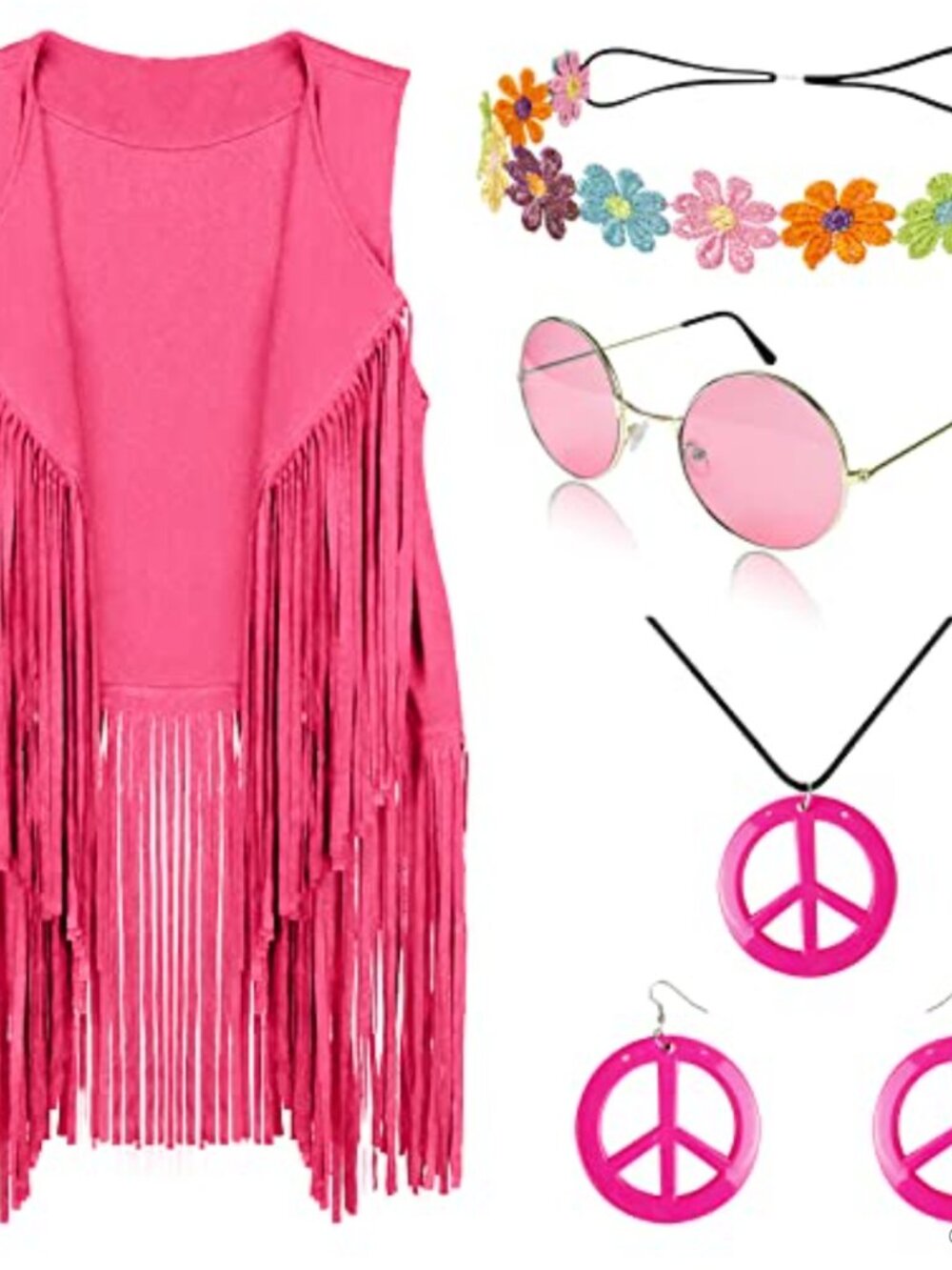Hippie Costume Set Faux Suede Fringe Vest 60s 70s Accessories Sleeveless